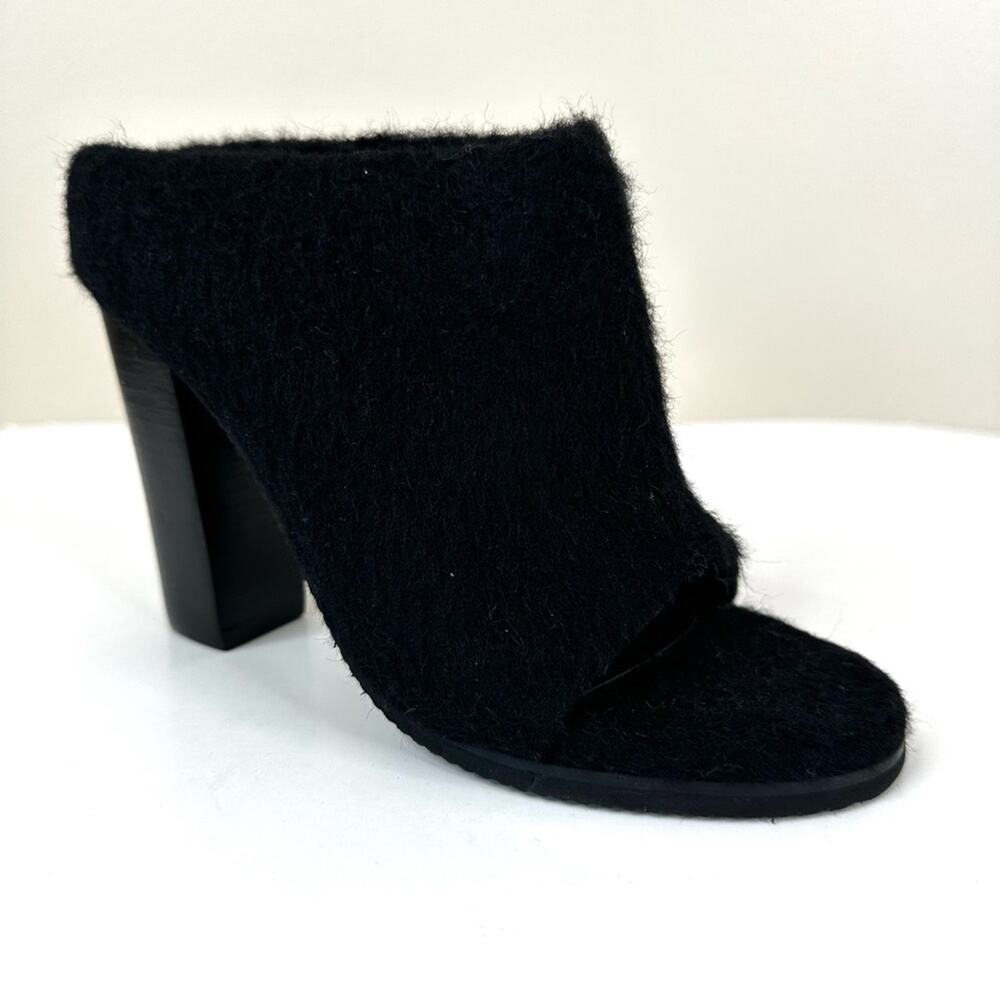 TIbi Leona Mules Womens 37 Black Mohair Furry Open Toe Heeled Clog Booties